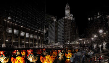 Rendering of Great Chicago Fire Festival as seen from Chicago Riverwalk. Photo courtesy of Redmoon Theater.