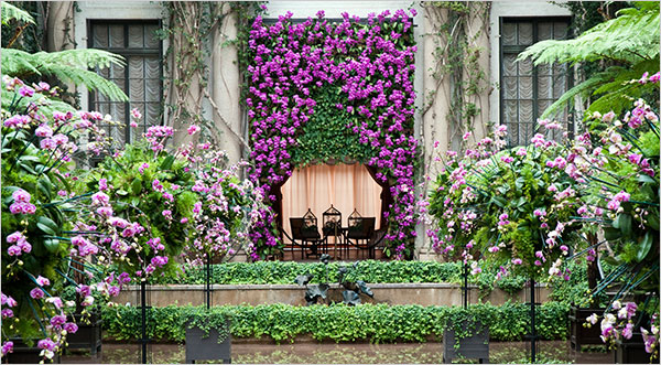 Orchids adorn the entrance to the music room in Longwood’s Conservatory Exhibition Hall, where a perfume exhibit is planned.