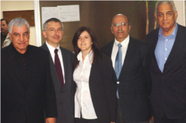 Dr. Zahi Hawass, Minister of Antiquities, Egypt; Stephen Greenberg, Principal, Metaphor Ltd.; Maria Piacente, Vice President, Lord Cultural Resources; Ezzedine Barakat, Director of the Technical Committee, GEM; and Dr. Mohammed Saleh, Egyptologist; at a meeting at the Supreme Council of Antiquities.